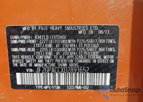 2013 Subaru Xv Crosstrek 2.0I Premium from USA, damaged, VIN JF2GPACCXD2893652